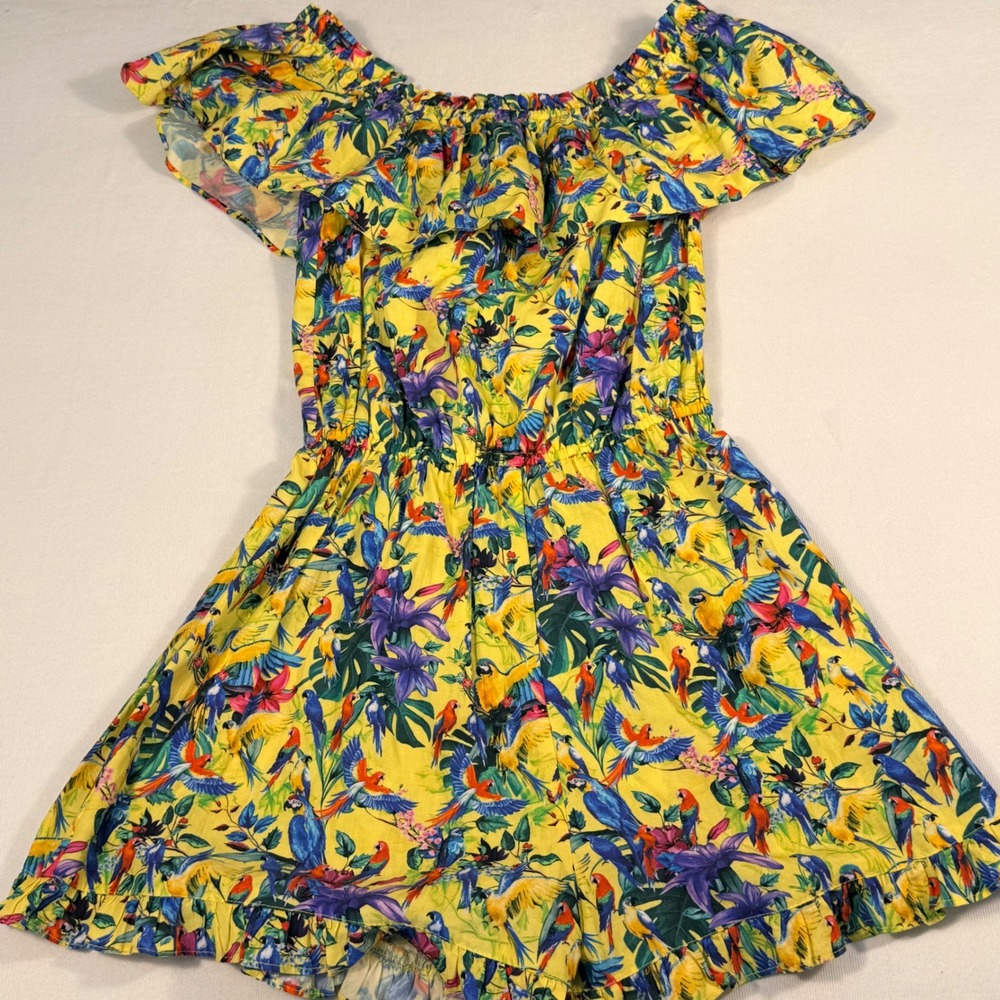 AQUA Romper Small Yellow Tropical‎ Parrot Floral Ruffle Off Shoulder Summer